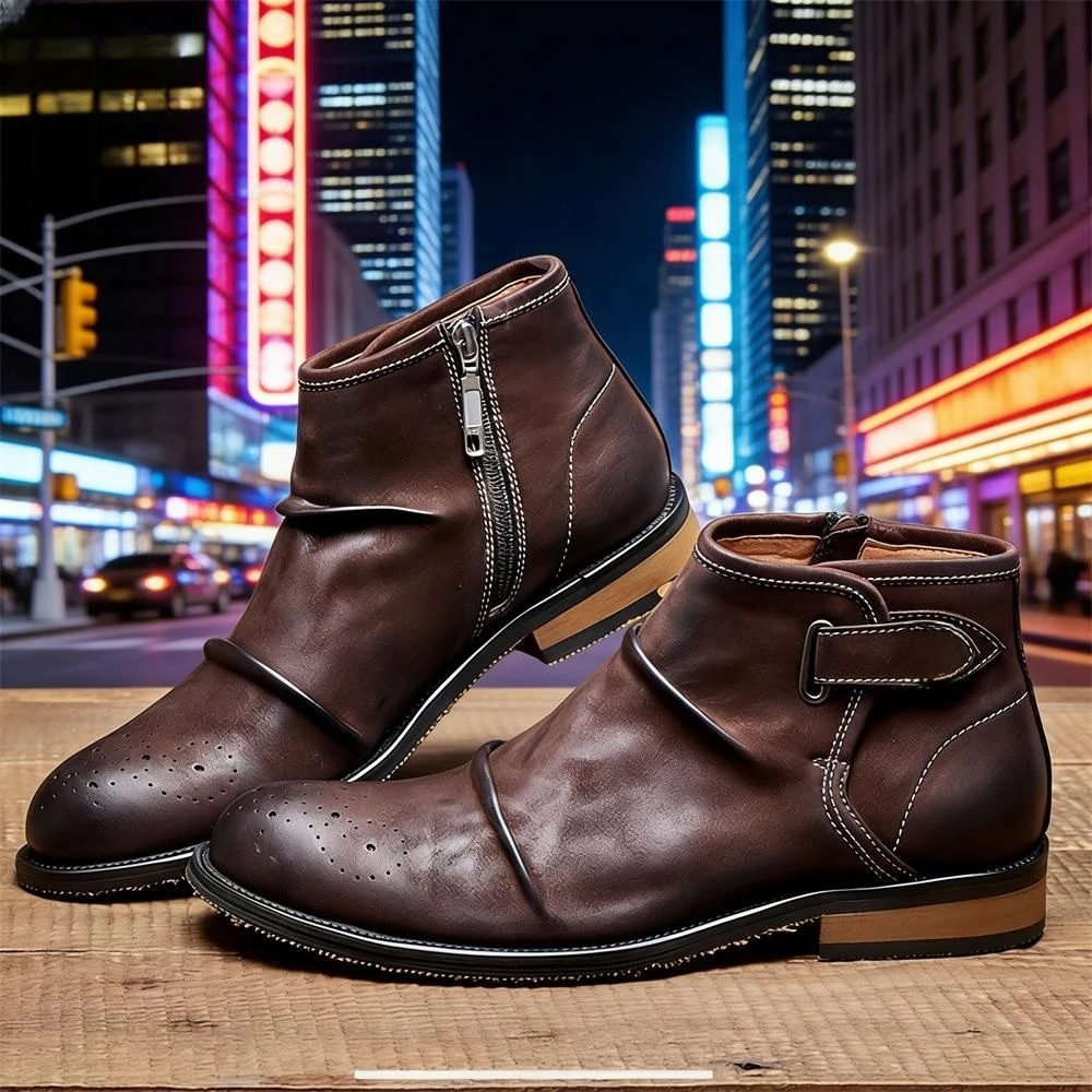Formal Men Daily Wear Footwear - Erkek Brogue Burunlu Bilek Botları, Tokalı